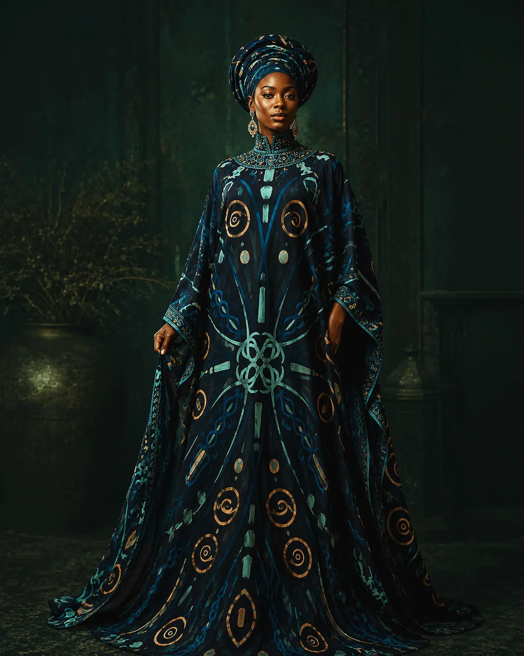Dark blue artwork pattern applied to a full-length fashion garment