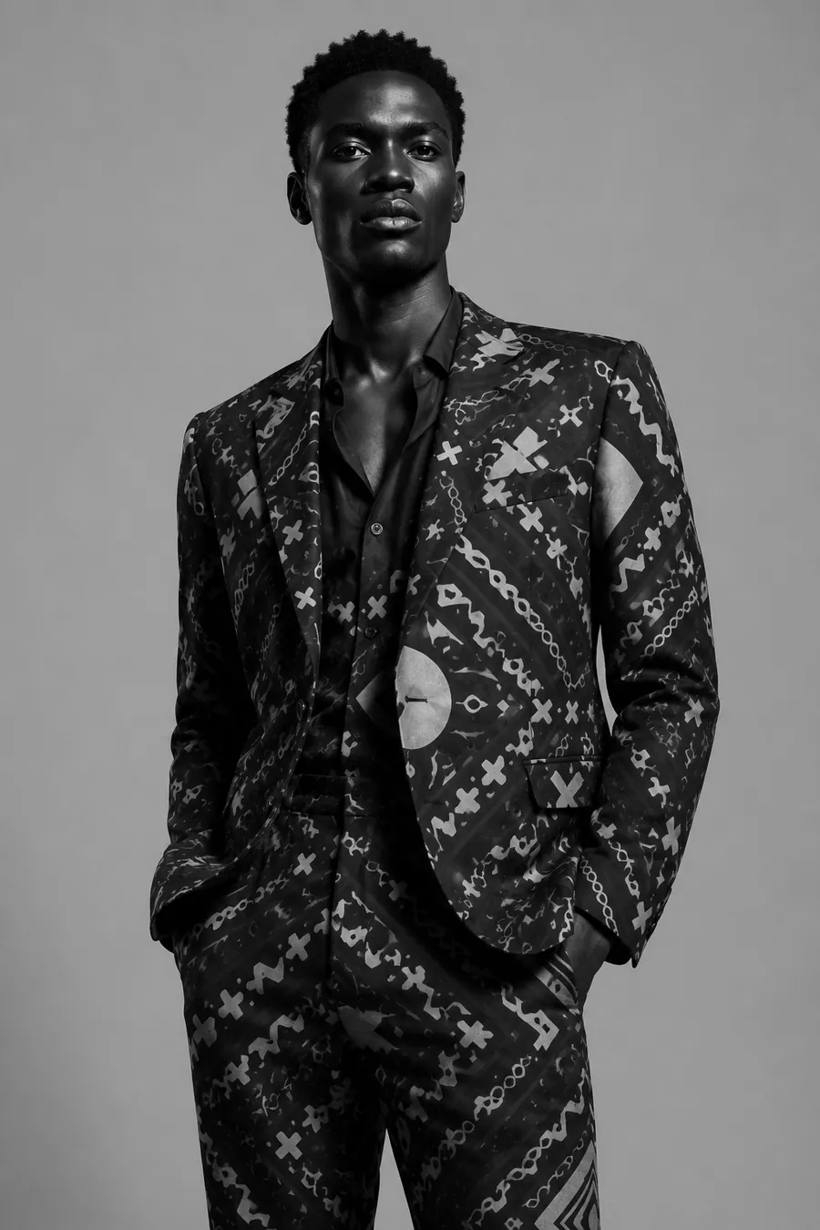 Black and white artwork pattern applied to a tailored suit