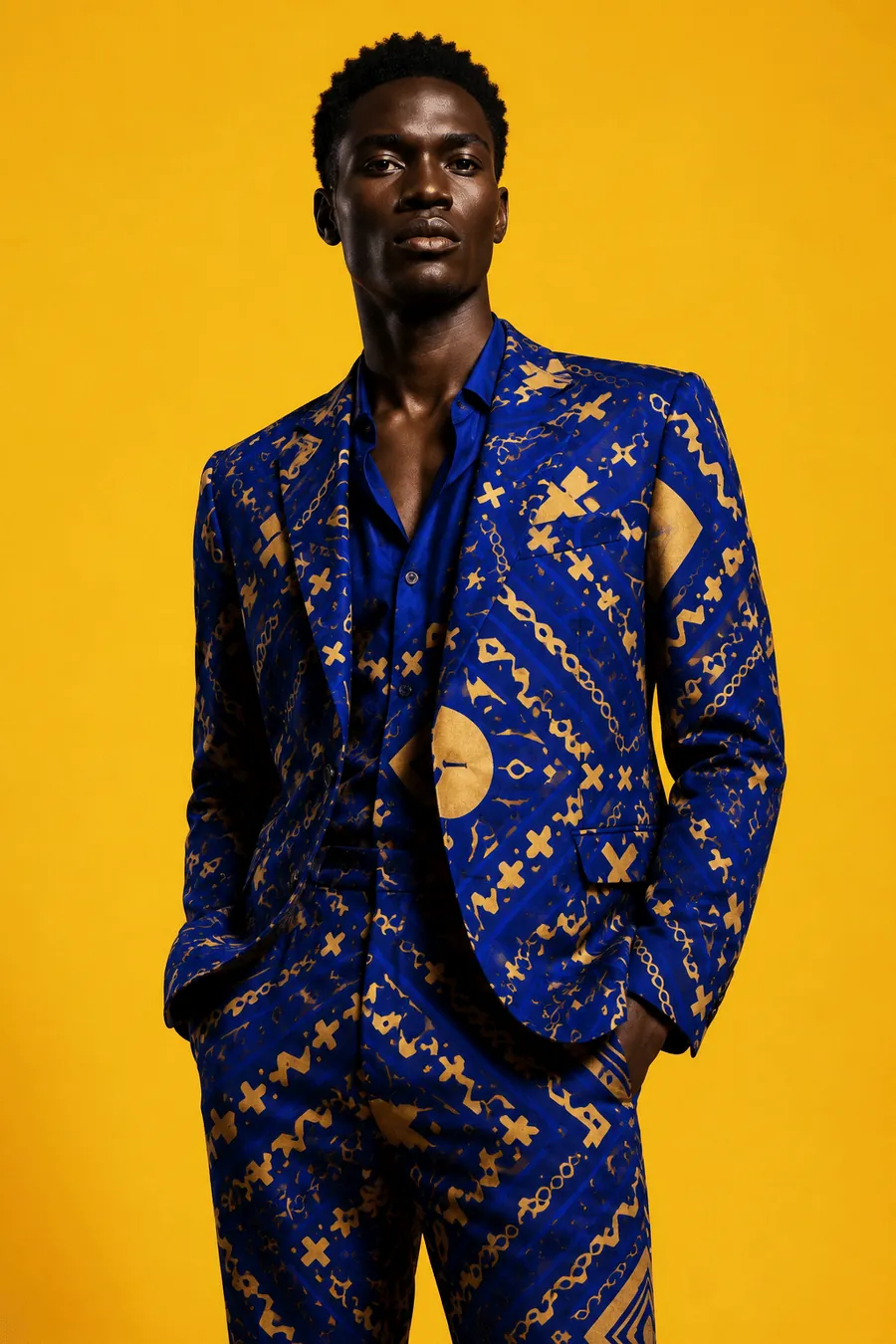 Blue and gold artwork pattern applied to a tailored suit