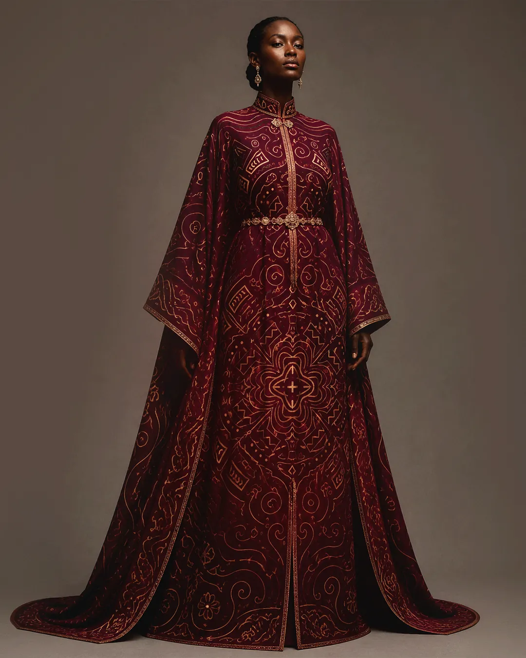 Red and gold artwork pattern applied to a full-length fashion garment