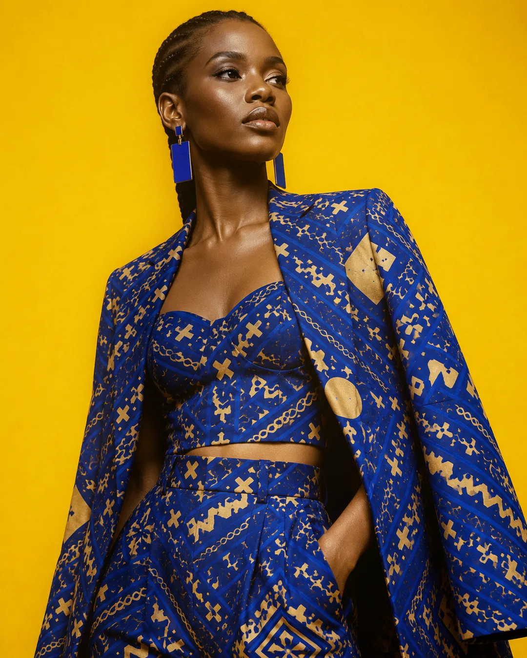 Blue and gold artwork pattern applied to a coordinated womenswear look