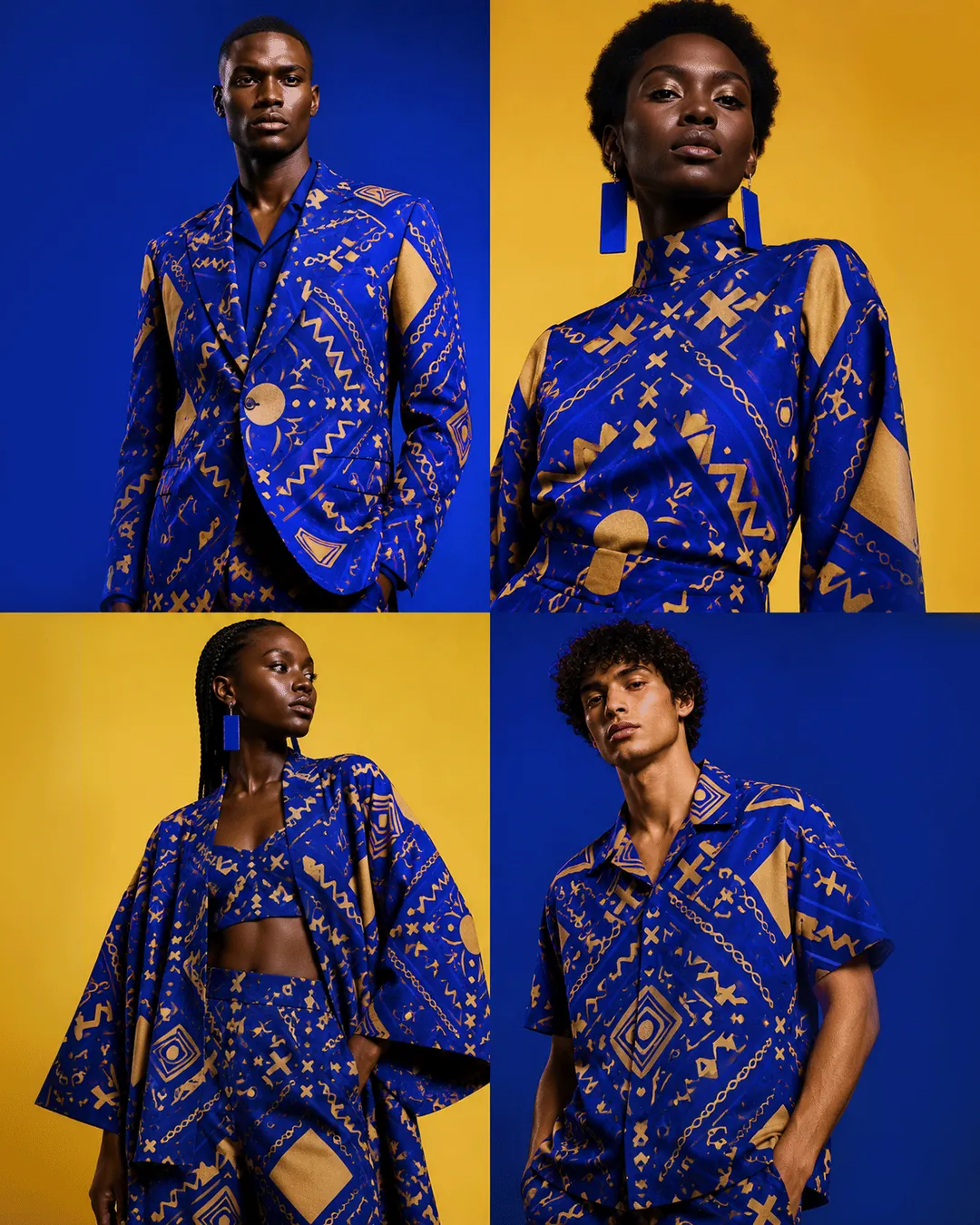 Fashion lookbook showing a blue and gold artwork pattern across four outfits