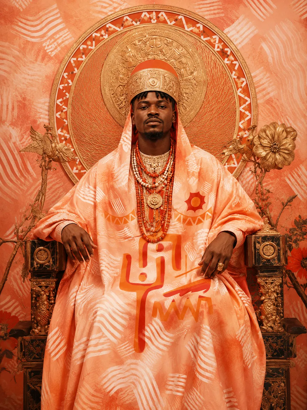 Orange artwork pattern applied to a ceremonial fashion garment