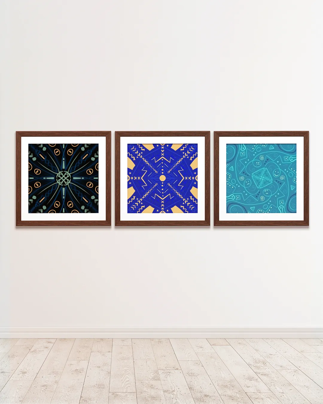 Three artwork patterns displayed as framed prints in an interior