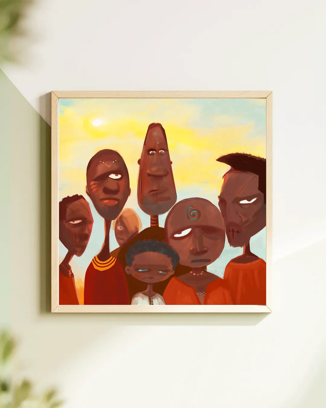 Figurative artwork displayed as a framed print in a bright interior