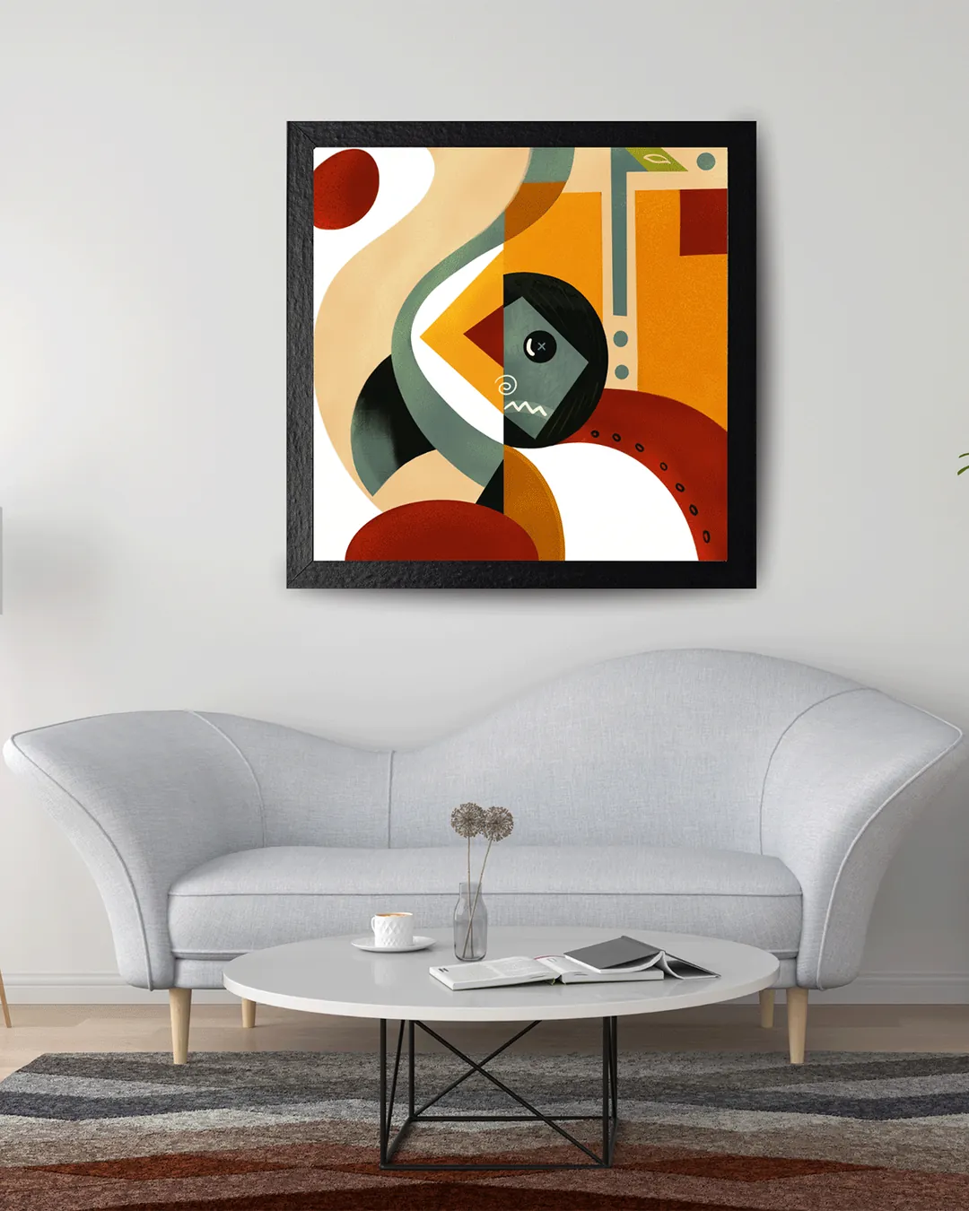 Abstract artwork displayed above a sofa in a contemporary interior