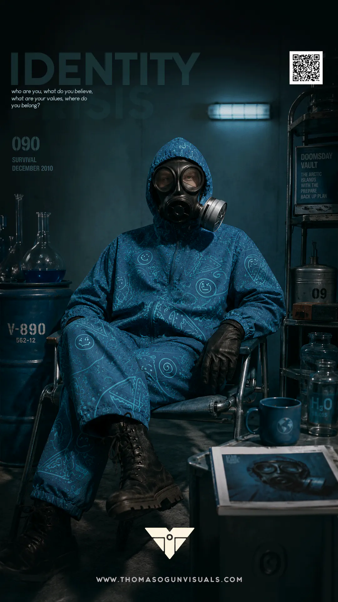 Blue artwork pattern applied to a survival-inspired editorial fashion concept