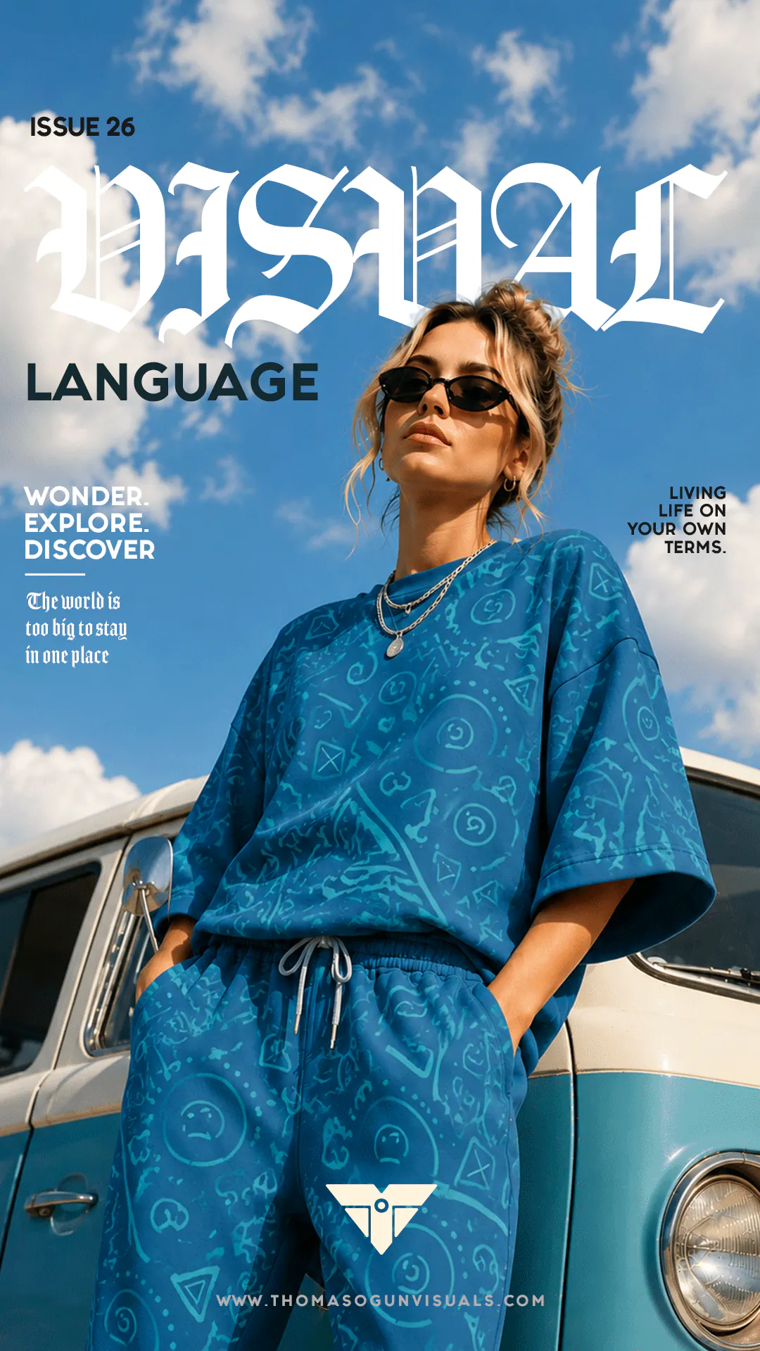 Blue artwork pattern applied to a contemporary fashion editorial