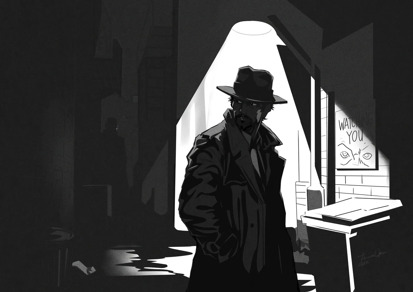 Black and white Film Noir illustration of a detective standing beneath a hard overhead light
