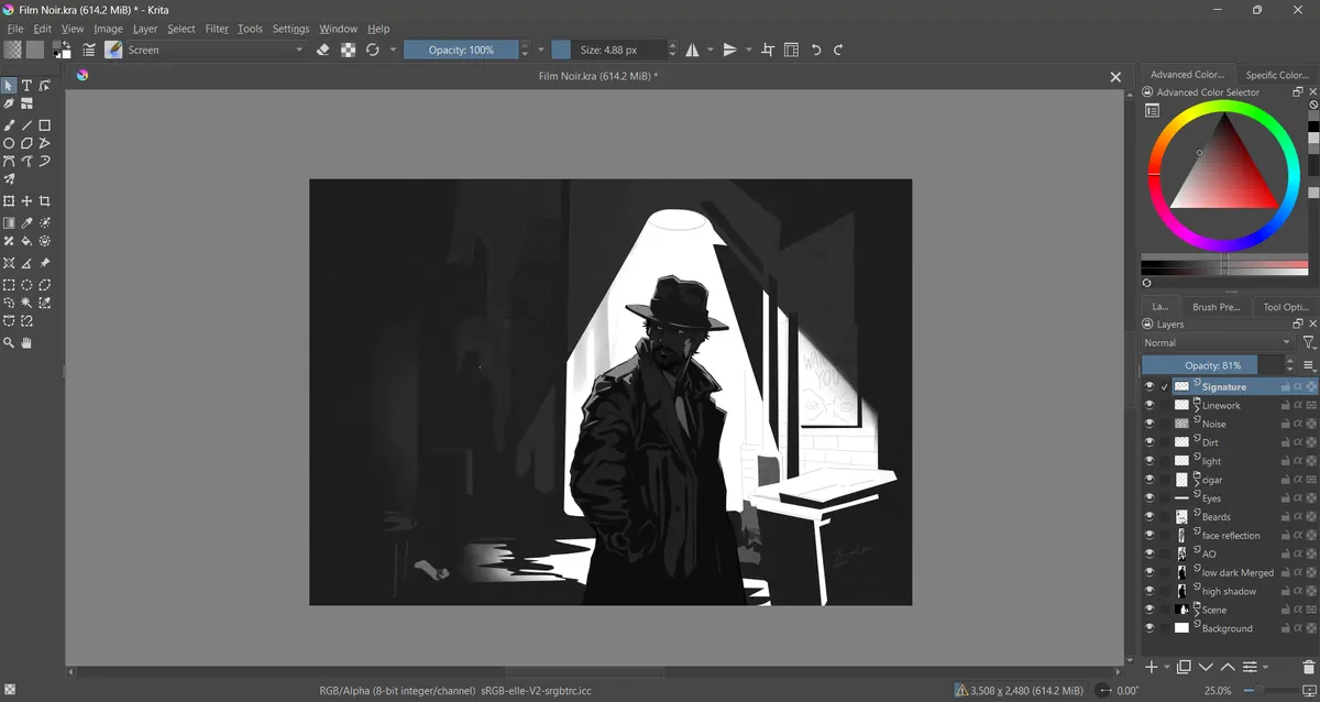 Film Noir illustration open in Krita showing the layered digital production process