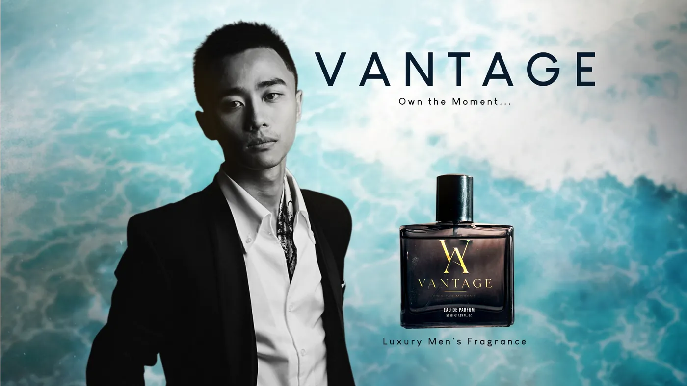 Vantage luxury fragrance web banner with portrait and product packaging