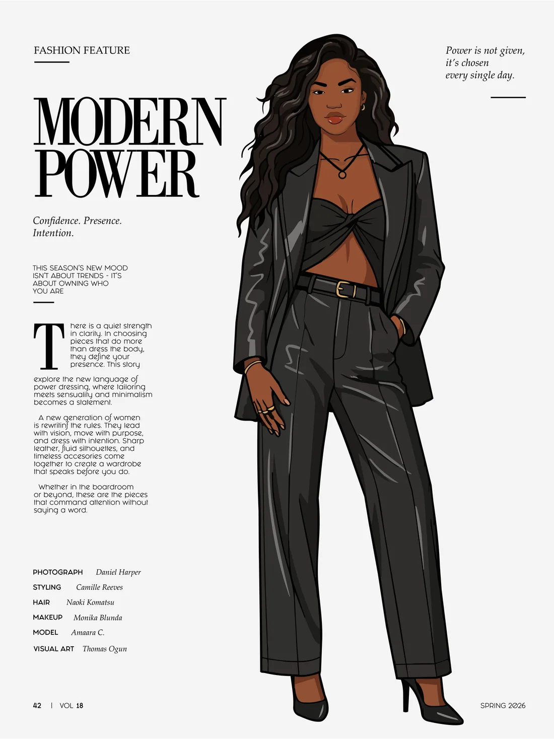 Modern Power illustrated fashion editorial layout