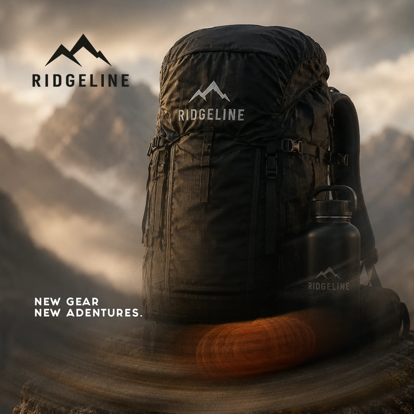 Ridgeline outdoor brand campaign showing a backpack against a mountain landscape