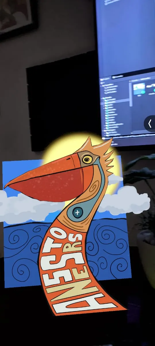 The Ancestral Being augmented reality artwork running in a physical room beside the Unity editor
