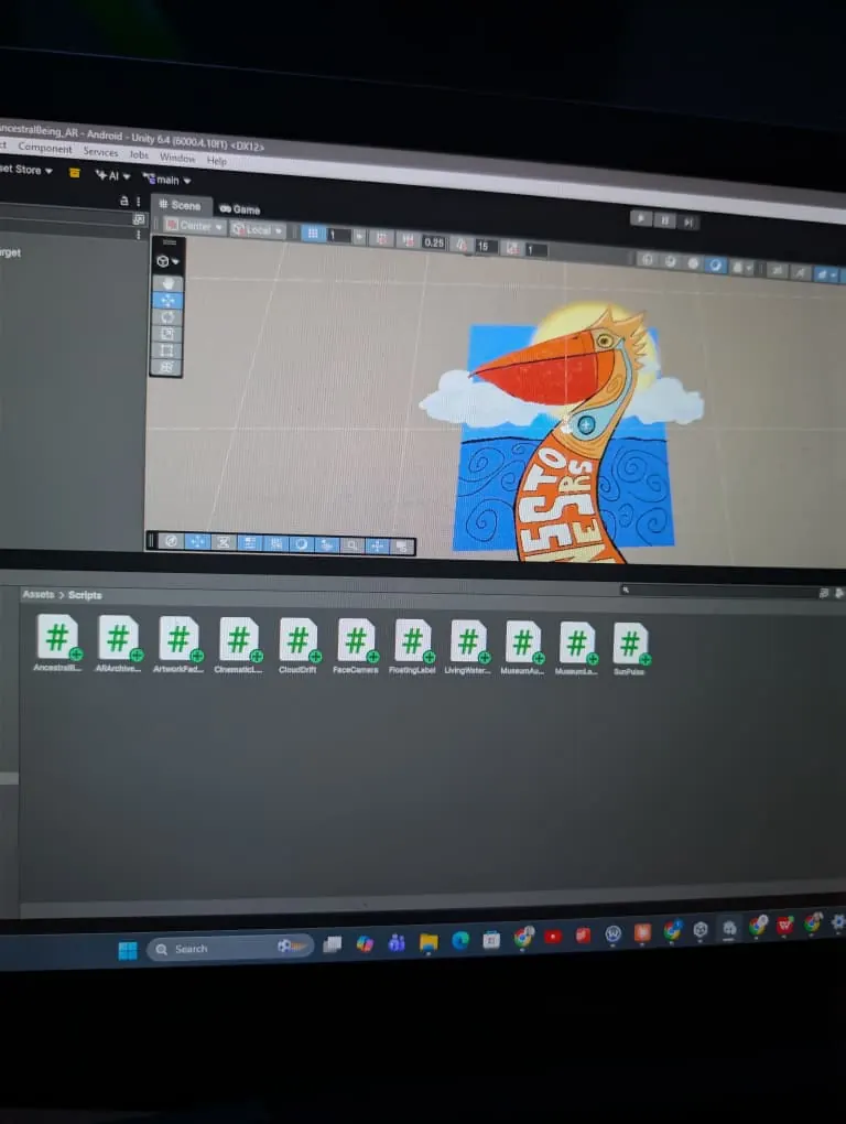 The Ancestral Being scene open in the Unity editor with animation scripts visible