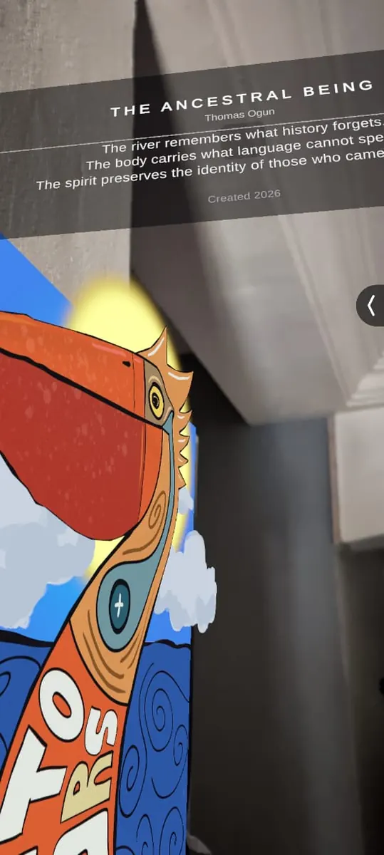 The Ancestral Being augmented reality artwork displayed with its museum information label