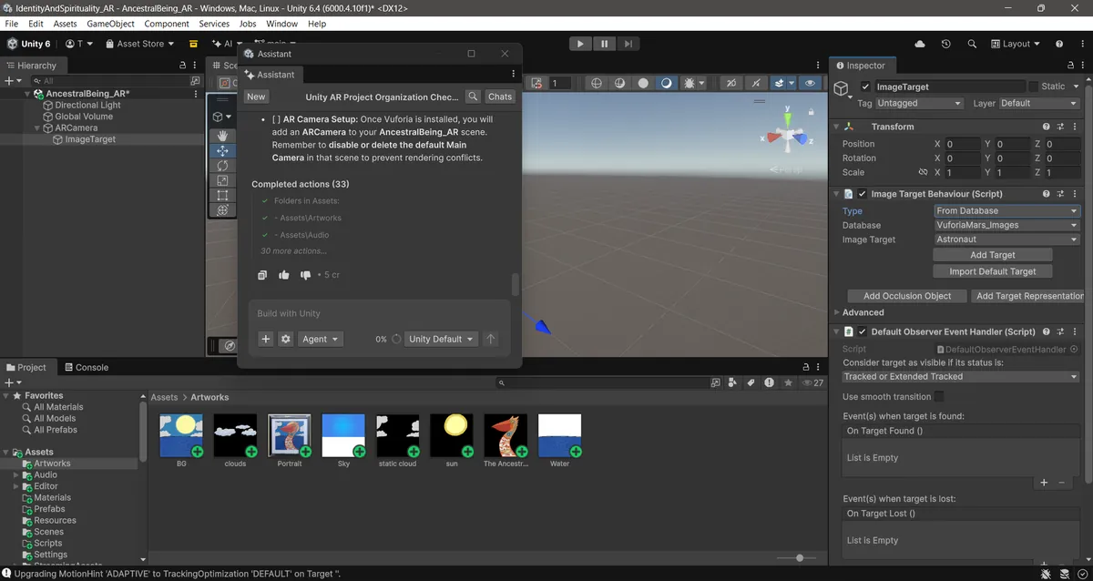 Unity editor showing the image target setup for The Ancestral Being AR experience