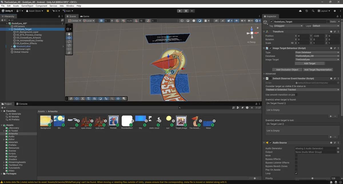 Unity scene showing layered artwork for The Gods Eyes AR experience