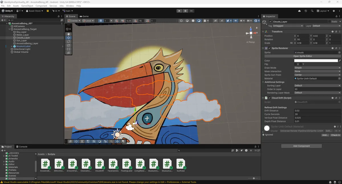 Unity scene showing animated cloud, sun and artwork layers