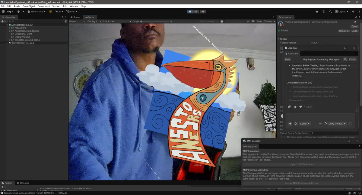 Augmented reality artwork being tested in the Unity Game view