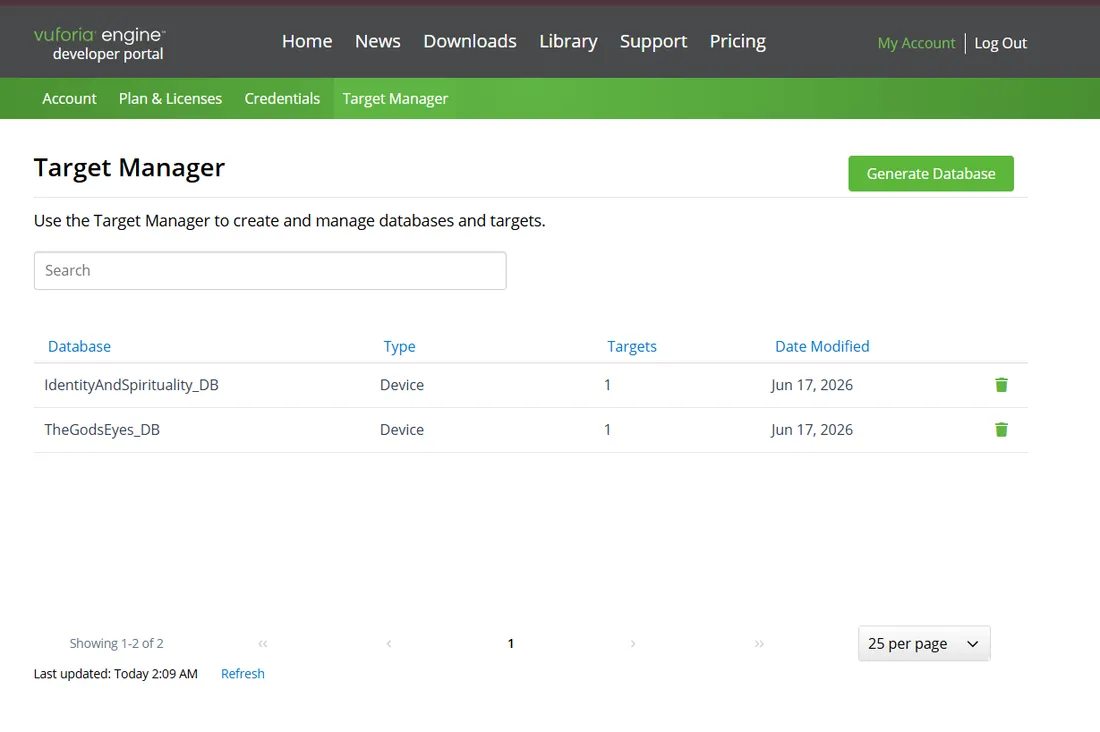 Vuforia Target Manager showing the Identity and Spirituality and The Gods Eyes image-tracking databases