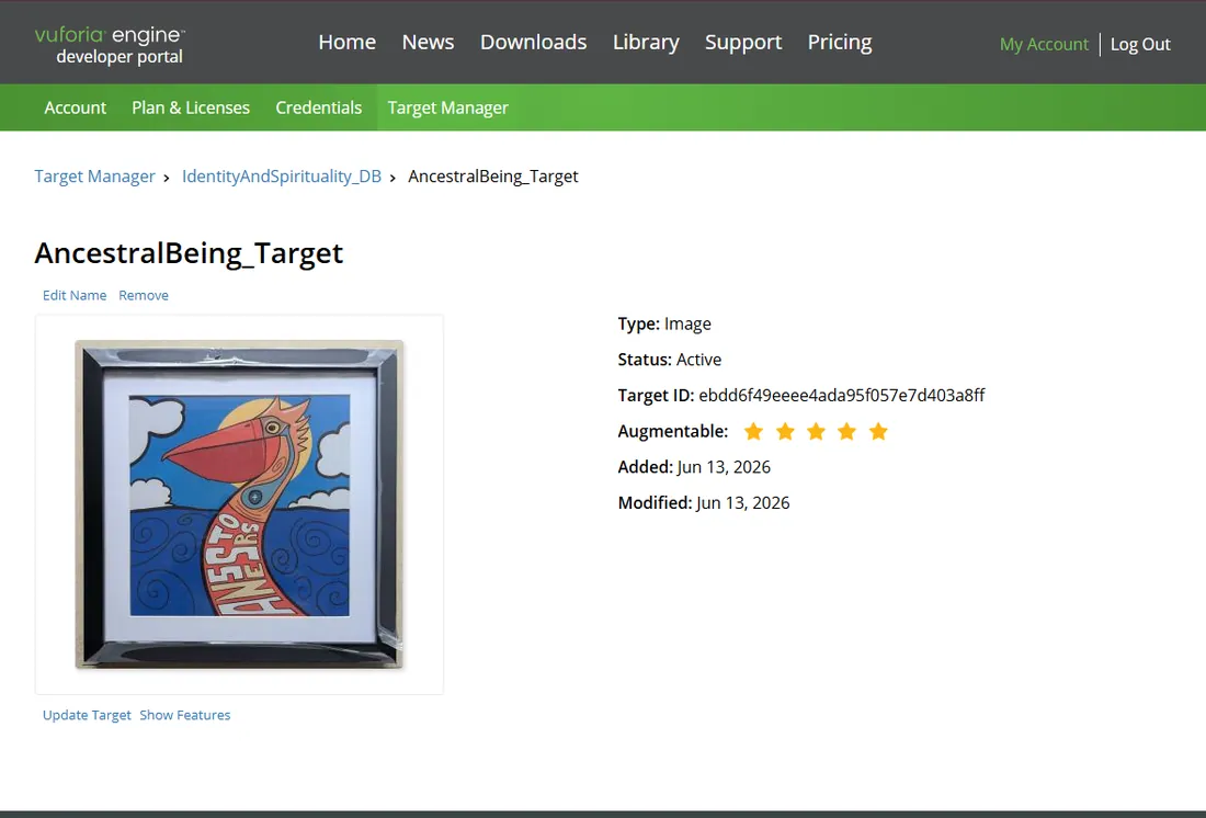 Physical framed portrait of The Ancestral Being registered as an active Vuforia image target