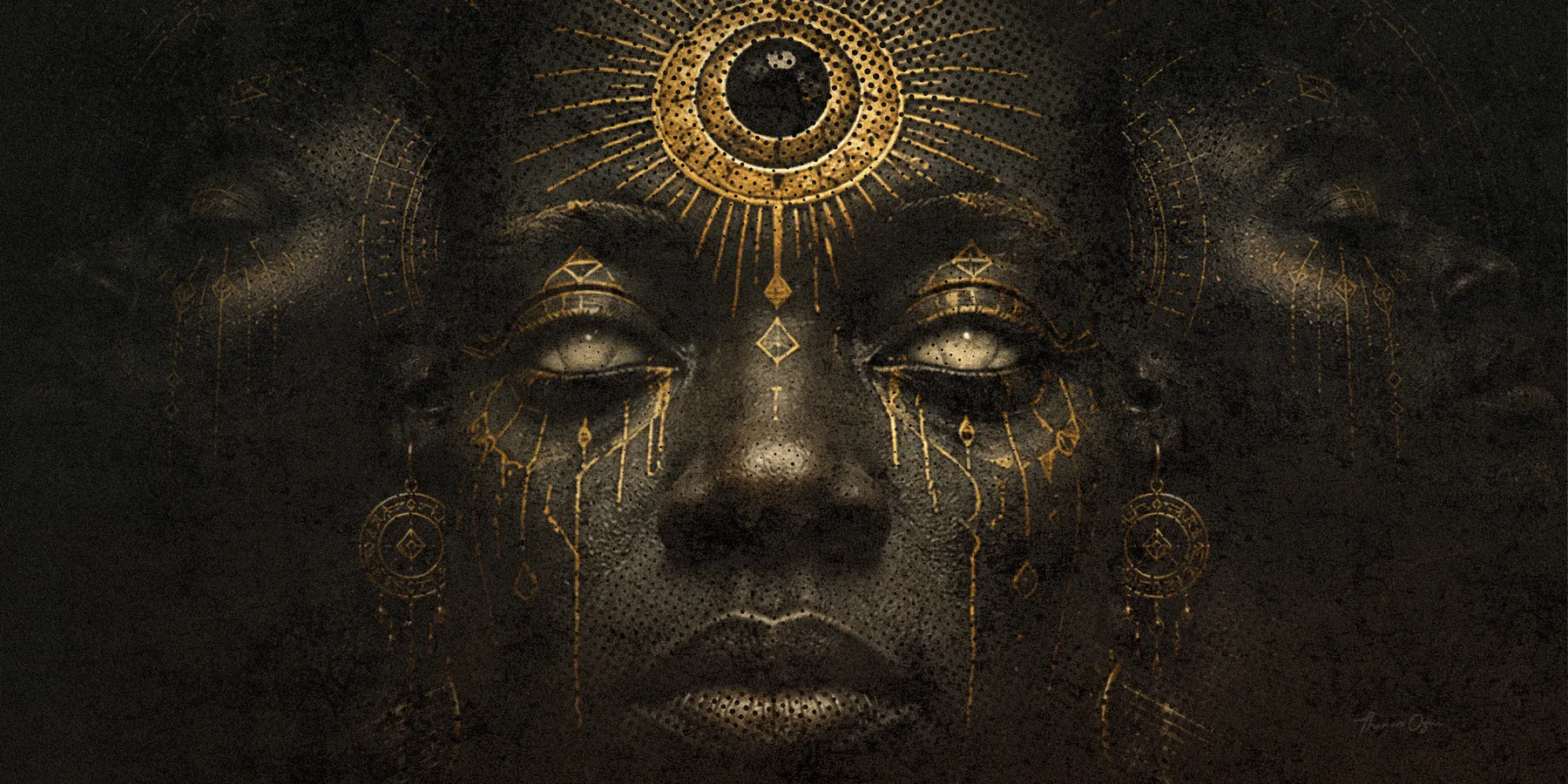 Identity and Spirituality artwork, featuring a ceremonial face with gold symbolic details