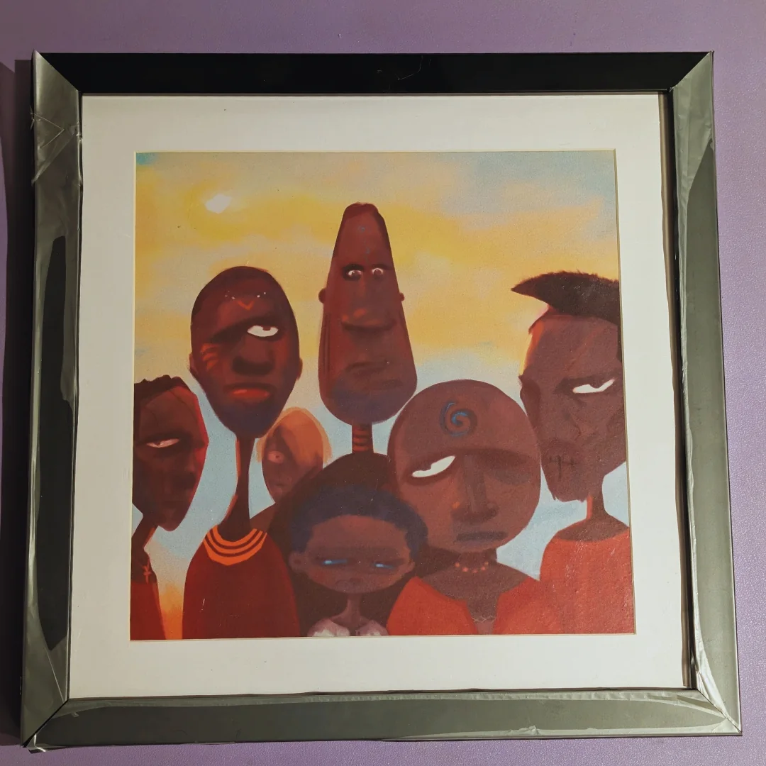 Framed Identity and Spirituality artwork depicting a gathered group of symbolic figures