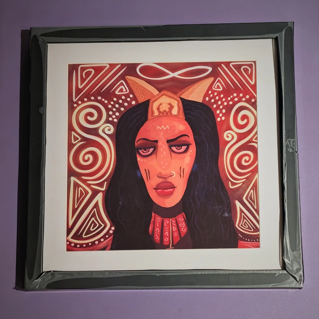Framed Identity and Spirituality portrait of a woman surrounded by symbolic patterns