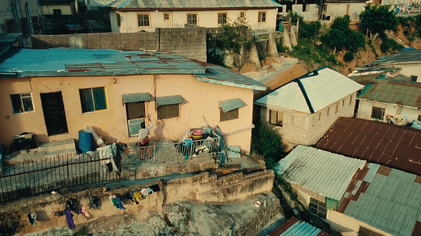 Aerial establishing frame over a Lagos neighbourhood