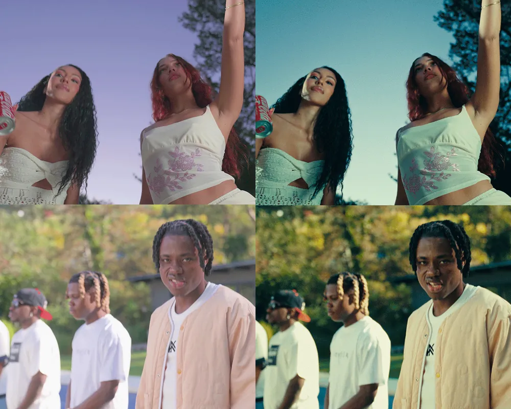 Before and after colour-grade comparisons from the campaign film