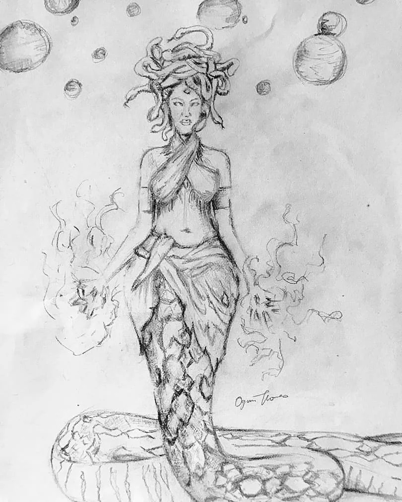 Pencil study of a standing figure surrounded by floating symbolic forms