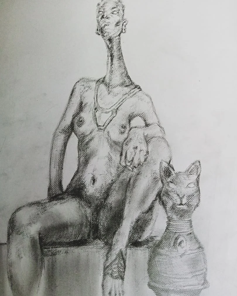 Pencil study of a seated figure with a cat