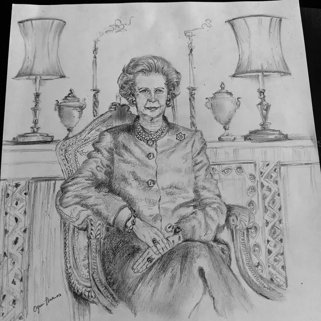 Graphite portrait of a seated figure in an interior