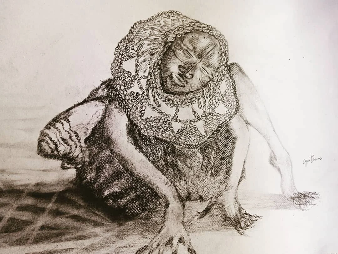 Pencil drawing of a reclining figure beside an animal form