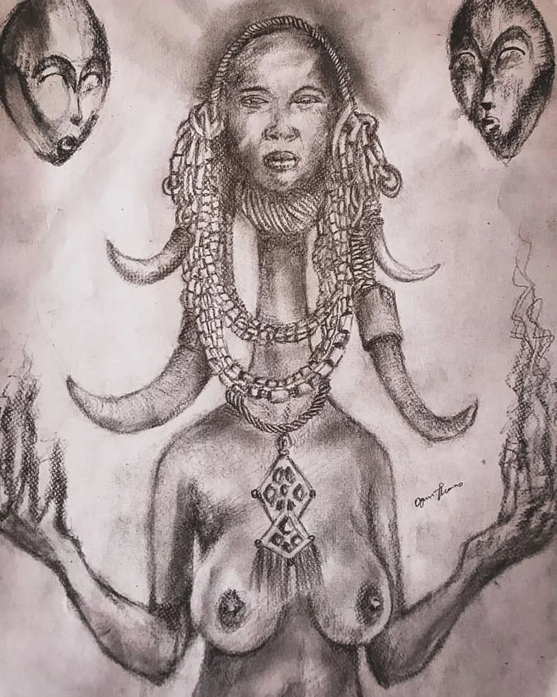 Pencil drawing of a multi-armed mythic figure