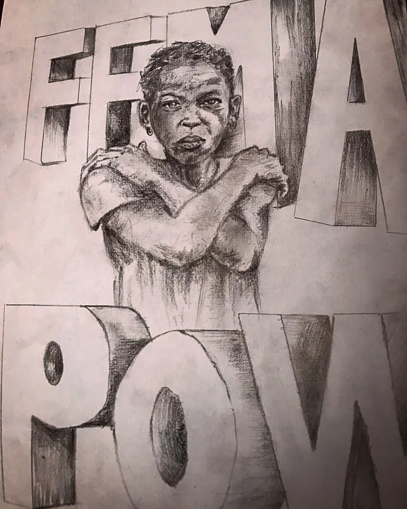 Pencil study of a child with large letter forms behind the figure