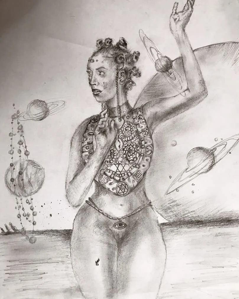 Pencil study of a decorated standing figure