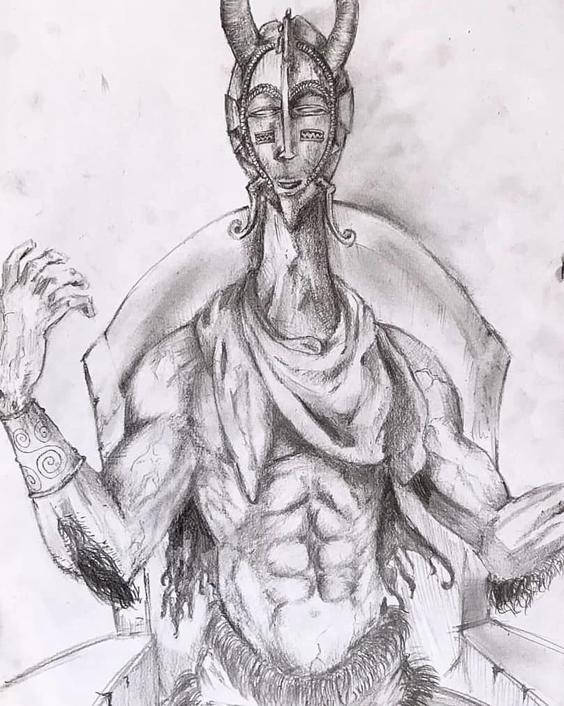 Pencil study of a horned or masked symbolic figure
