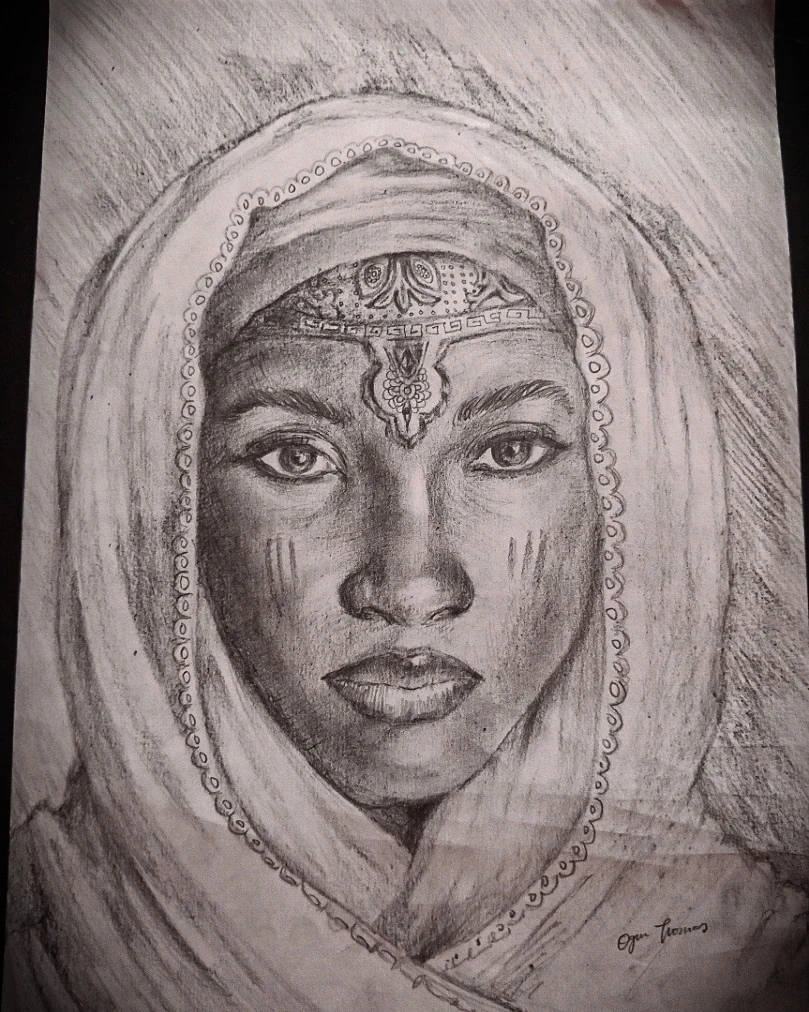 Graphite portrait of a veiled woman