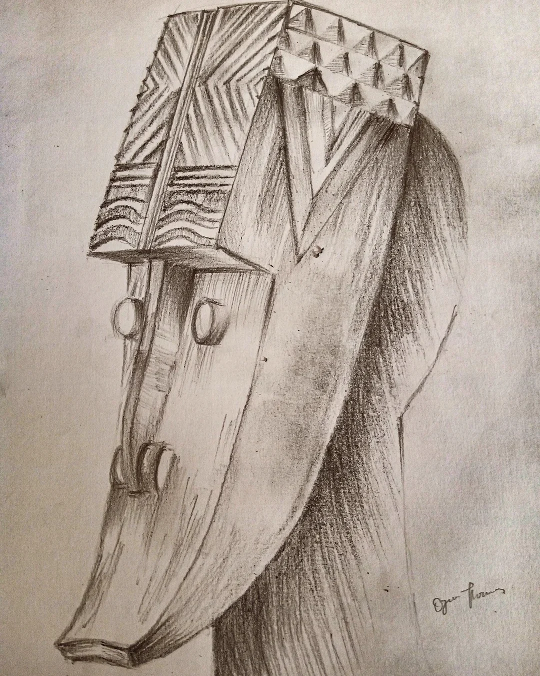 Pencil study of a carved or feathered mask