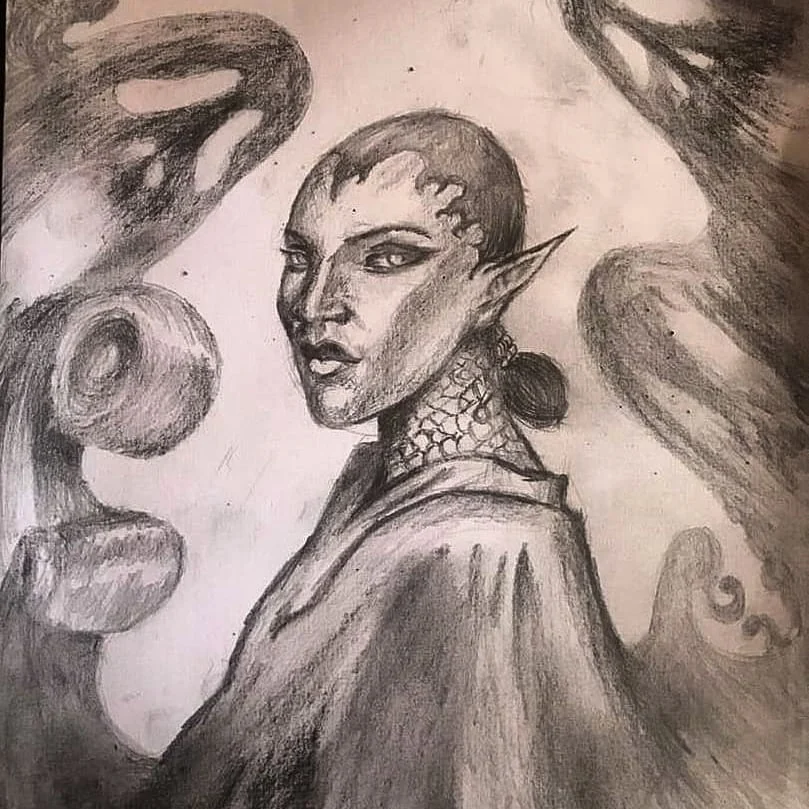 Pencil profile study surrounded by organic forms