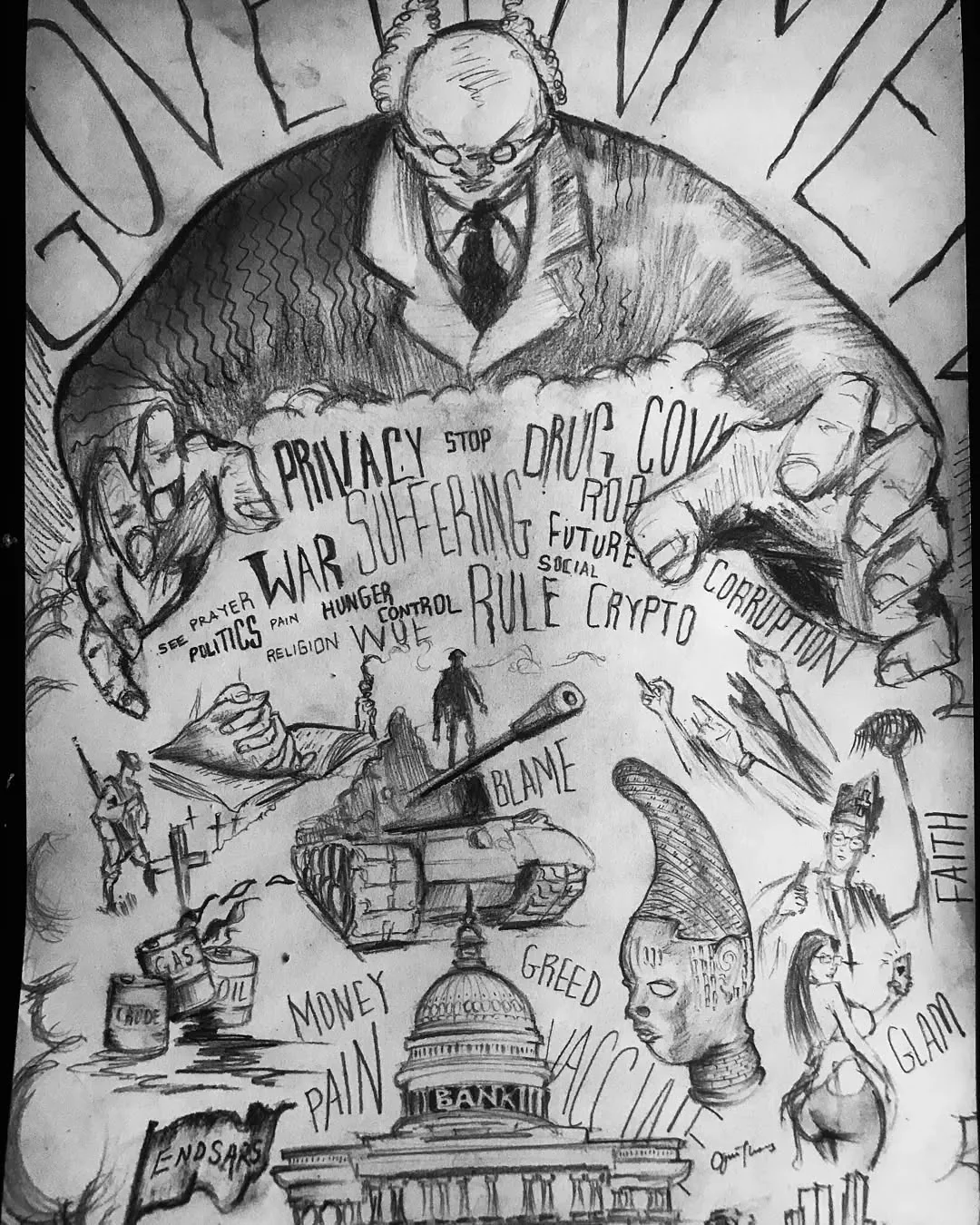 Symbolic pencil composition combining a figure and drawn text