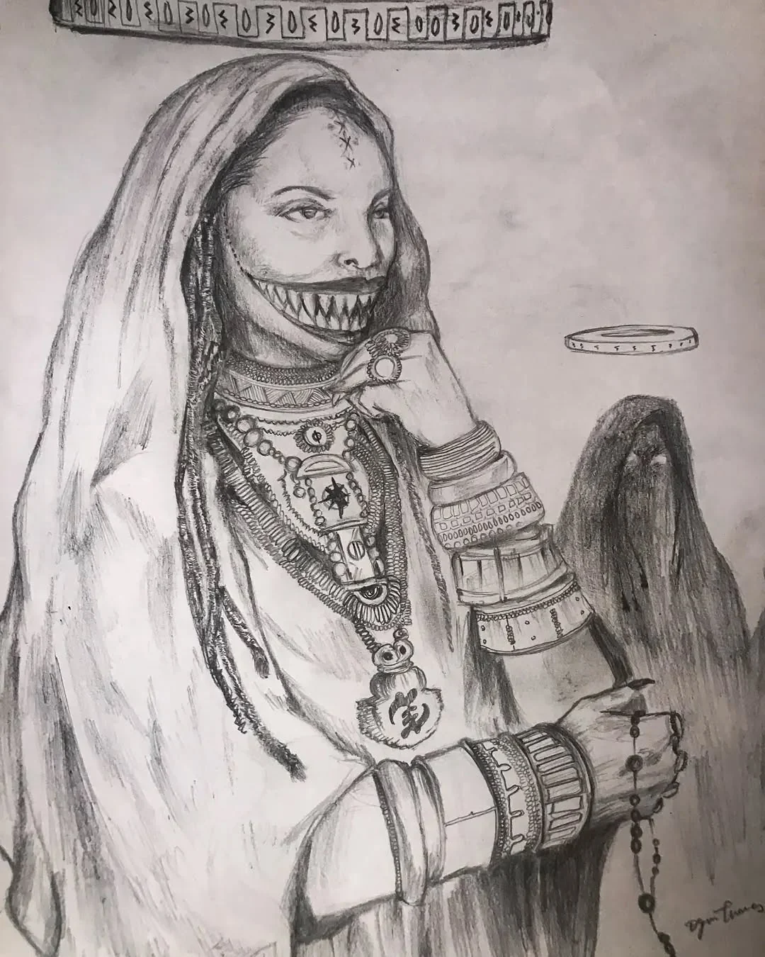 Pencil study of a seated figure wearing a necklace