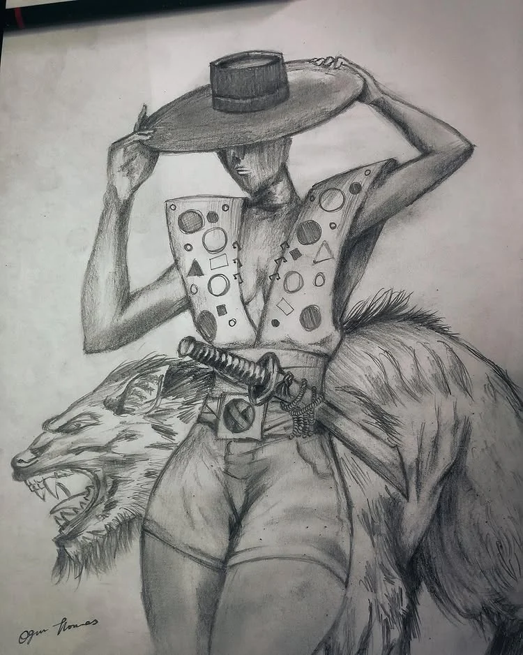 Pencil study of a figure in a sculptural costume