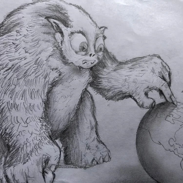 Graphite drawing of two animal or creature forms