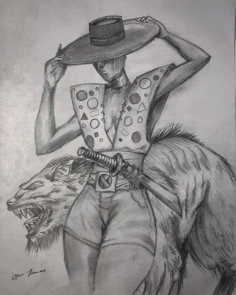 Pencil study of a stylised figure in costume
