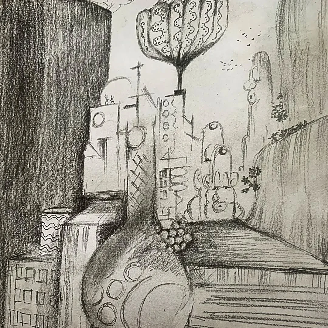 Pencil landscape study combining built forms and a tree
