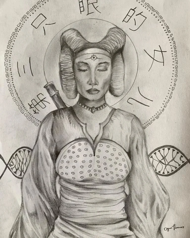 Pencil portrait of a seated figure surrounded by symbols