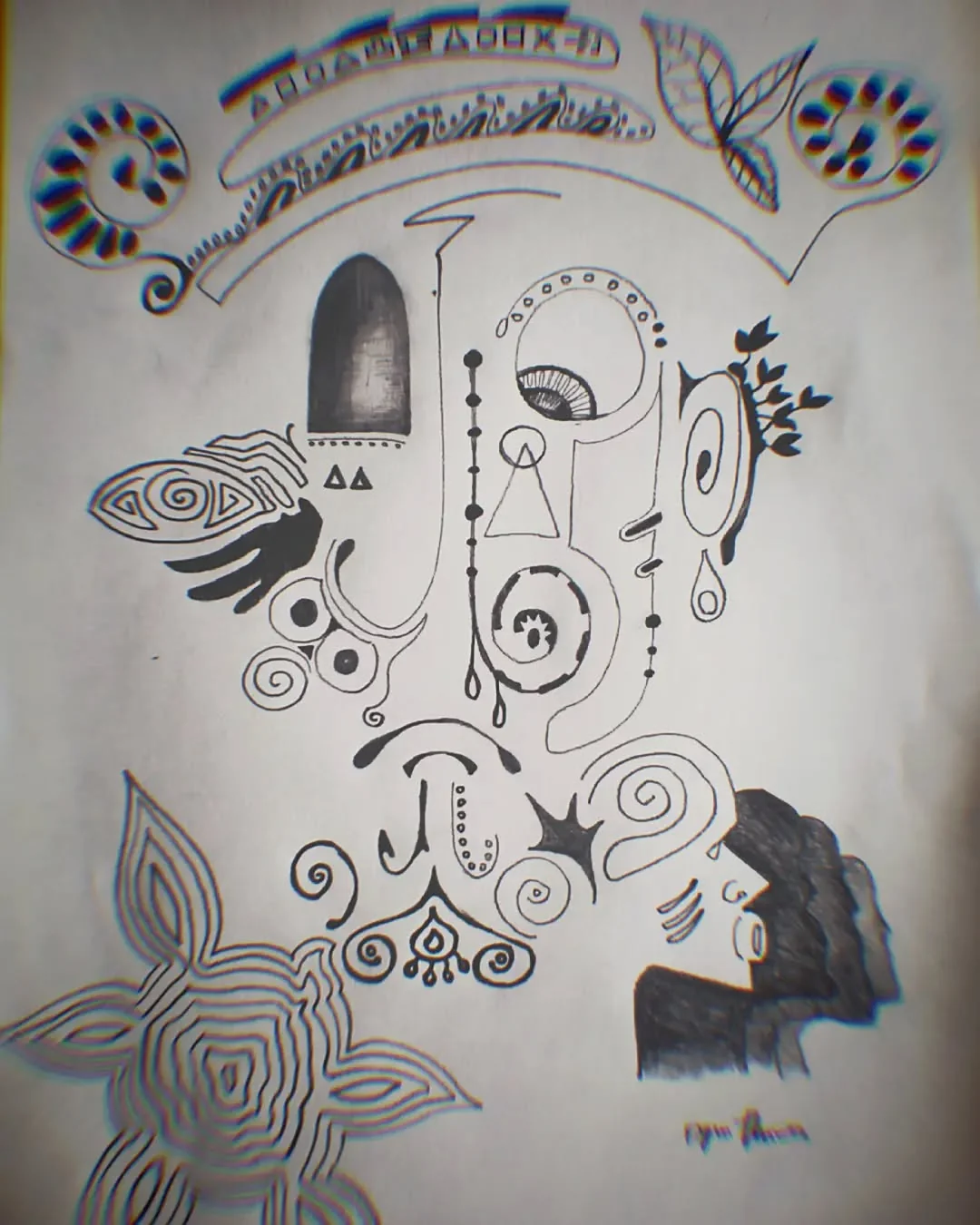 Abstract pencil composition combining faces, marks and symbols